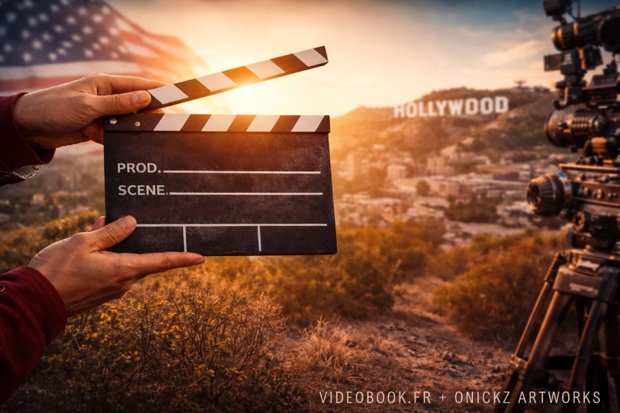 Clap de cinéma et caméra devant Hollywood, avec le drapeau américain